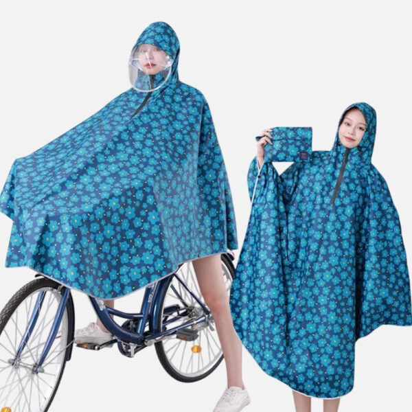 poncho vélo pluie bleu avec motifs floraux